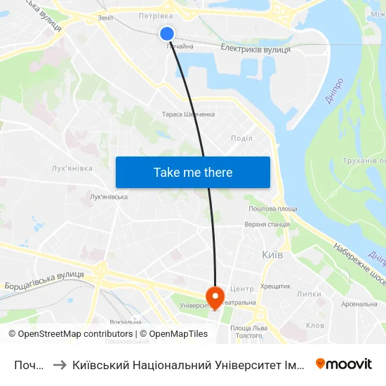 Почайна to Київський Національний Університет Імені Тараса Шевченка map