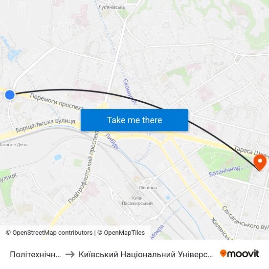 Політехнічний Інститут to Київський Національний Університет Імені Тараса Шевченка map