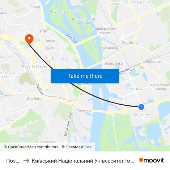 Позняки to Київський Національний Університет Імені Тараса Шевченка map