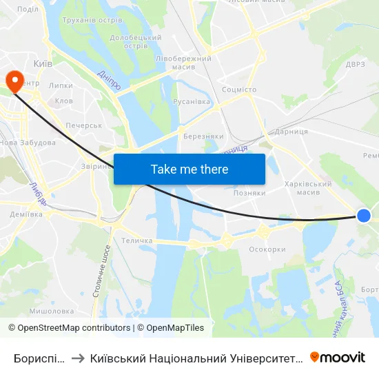 Бориспільська to Київський Національний Університет Імені Тараса Шевченка map