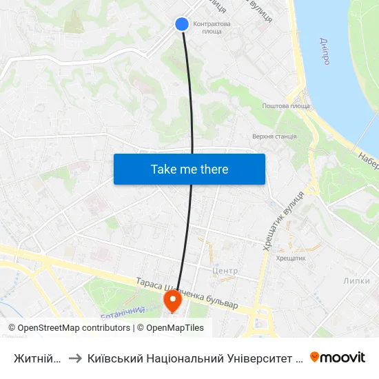 Житній Ринок to Київський Національний Університет Імені Тараса Шевченка map