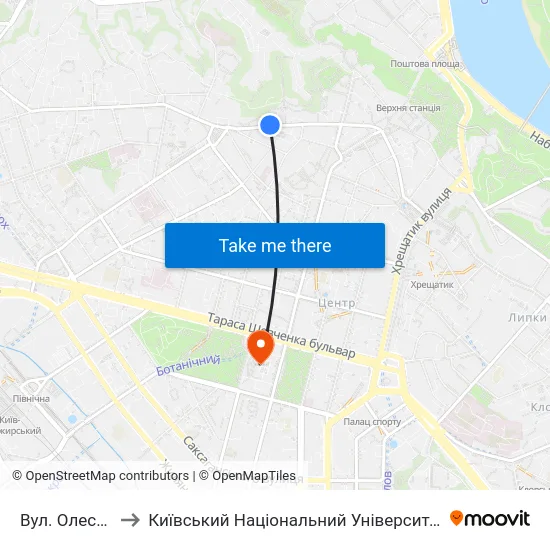 Вул. Олеся Гончара to Київський Національний Університет Імені Тараса Шевченка map