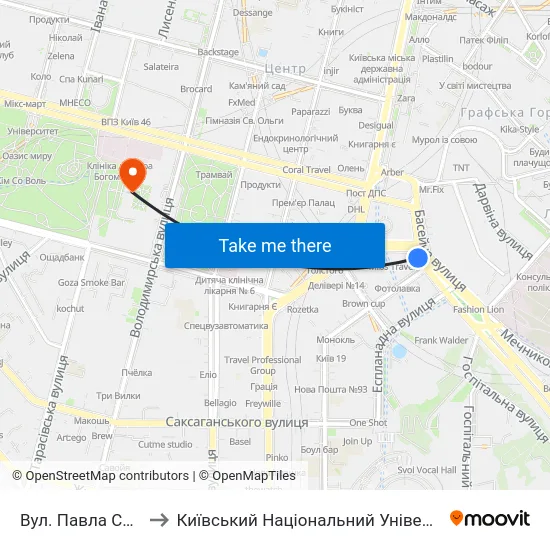 Вул. Павла Скоропадського to Київський Національний Університет Імені Тараса Шевченка map