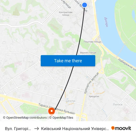 Вул. Григорія Сковороди to Київський Національний Університет Імені Тараса Шевченка map