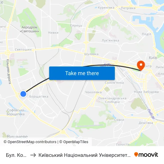 Бул. Кольцова to Київський Національний Університет Імені Тараса Шевченка map