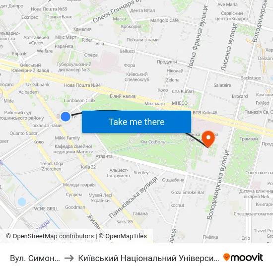 Вул. Симона Петлюри to Київський Національний Університет Імені Тараса Шевченка map