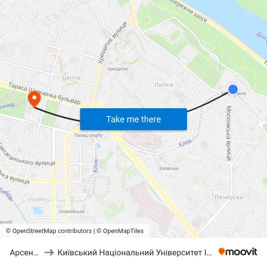 Арсенальна to Київський Національний Університет Імені Тараса Шевченка map