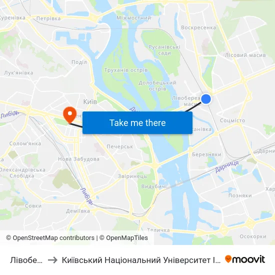 Лівобережна to Київський Національний Університет Імені Тараса Шевченка map