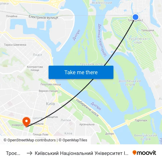 Троєщина-2 to Київський Національний Університет Імені Тараса Шевченка map