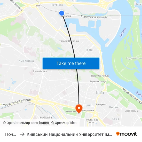 Почайна to Київський Національний Університет Імені Тараса Шевченка map