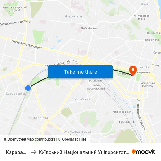 Караваєві Дачі to Київський Національний Університет Імені Тараса Шевченка map