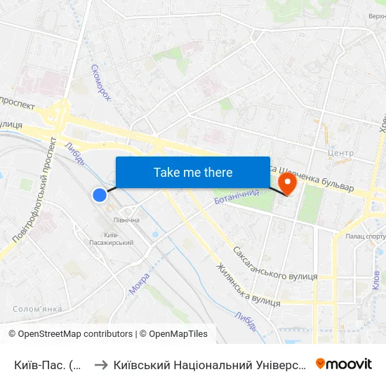 Київ-Пас. (Приміський) to Київський Національний Університет Імені Тараса Шевченка map