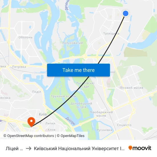 Ліцей №293 to Київський Національний Університет Імені Тараса Шевченка map