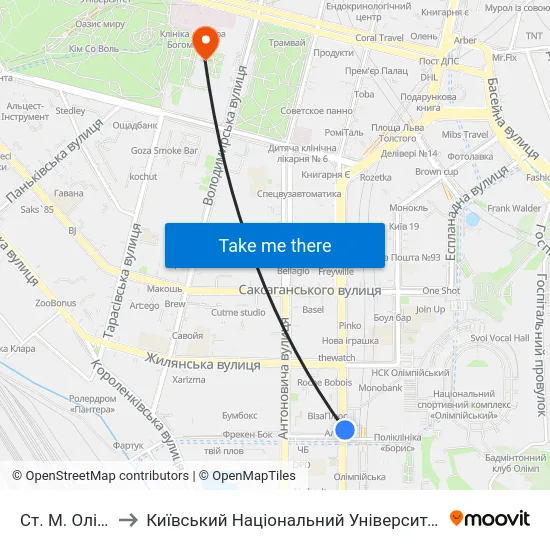 Ст. М. Олімпійська to Київський Національний Університет Імені Тараса Шевченка map