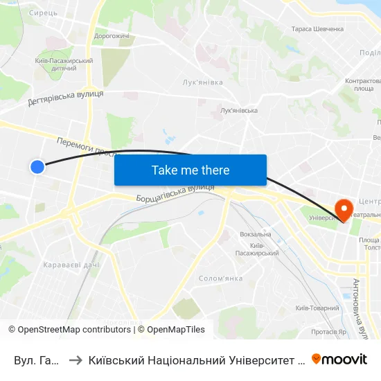 Вул. Гарматна to Київський Національний Університет Імені Тараса Шевченка map