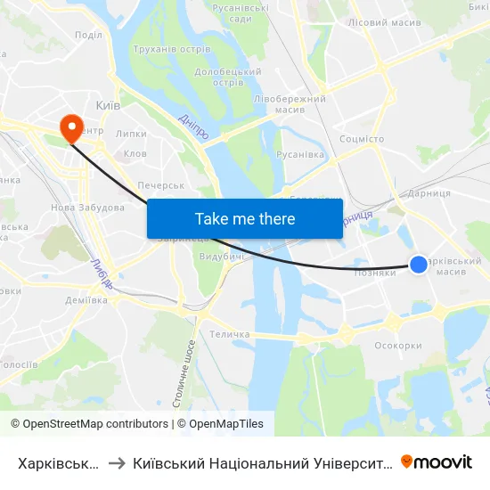 Харківський Масив to Київський Національний Університет Імені Тараса Шевченка map