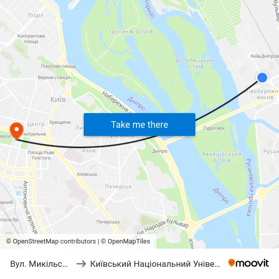 Вул. Микільсько-Слобідська to Київський Національний Університет Імені Тараса Шевченка map