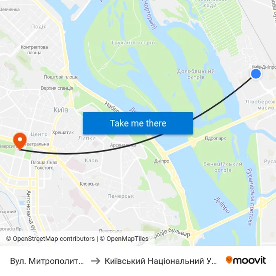 Вул. Митрополита Андрея Шептицького to Київський Національний Університет Імені Тараса Шевченка map