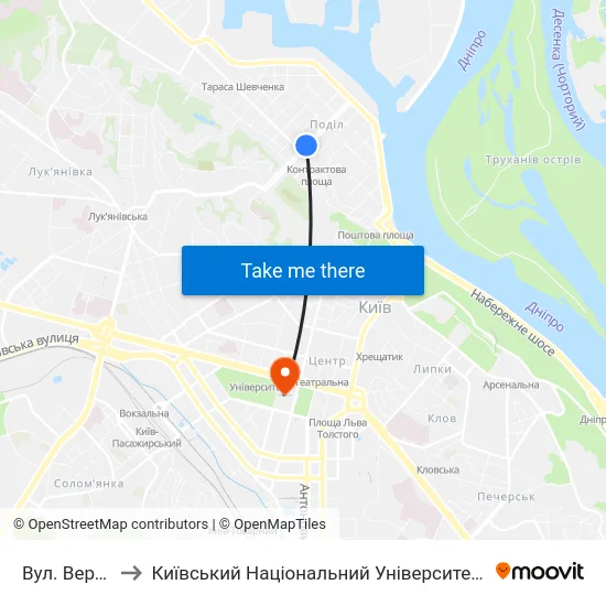 Вул. Верхній Вал to Київський Національний Університет Імені Тараса Шевченка map