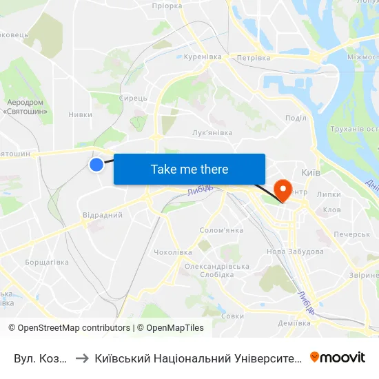 Вул. Козелецька to Київський Національний Університет Імені Тараса Шевченка map