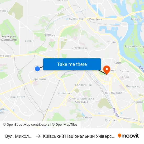 Вул. Миколи Василенка to Київський Національний Університет Імені Тараса Шевченка map