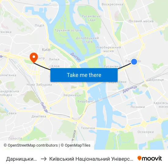 Дарницький Універмаг to Київський Національний Університет Імені Тараса Шевченка map