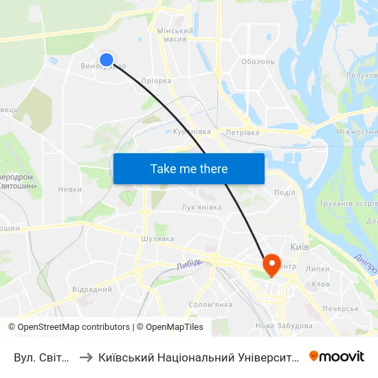 Вул. Світлицького to Київський Національний Університет Імені Тараса Шевченка map