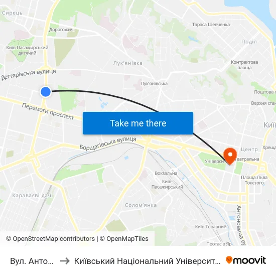 Вул. Антона Цедіка to Київський Національний Університет Імені Тараса Шевченка map