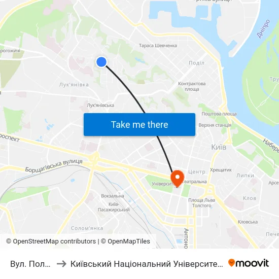 Вул. Половецька to Київський Національний Університет Імені Тараса Шевченка map