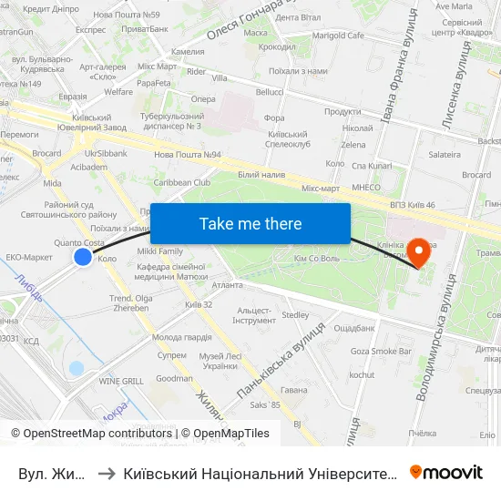 Вул. Жилянська to Київський Національний Університет Імені Тараса Шевченка map