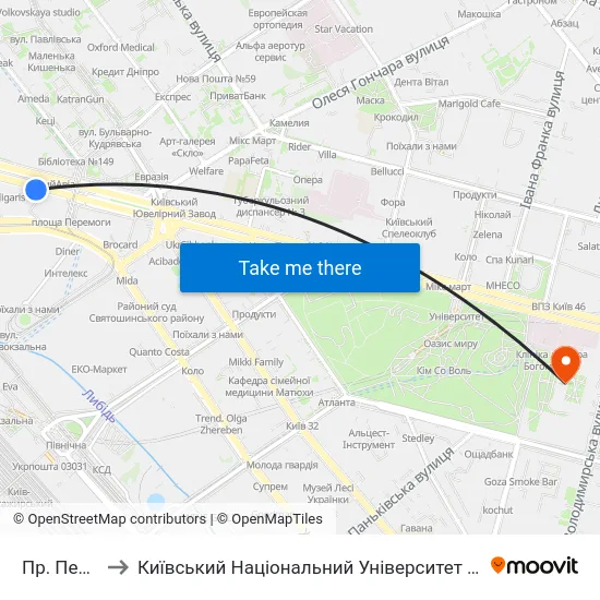 Пр. Перемоги to Київський Національний Університет Імені Тараса Шевченка map
