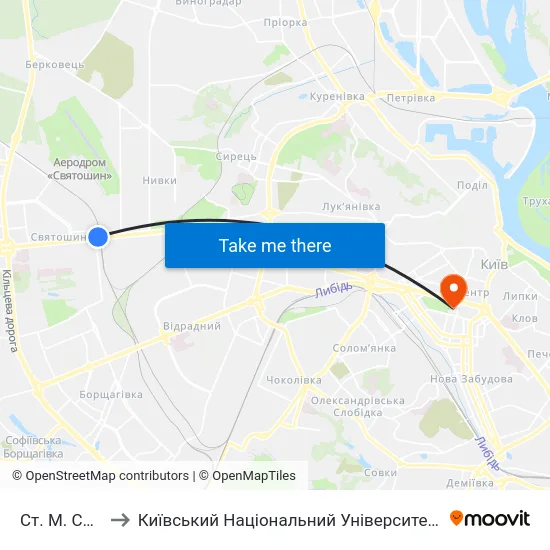 Ст. М. Святошин to Київський Національний Університет Імені Тараса Шевченка map