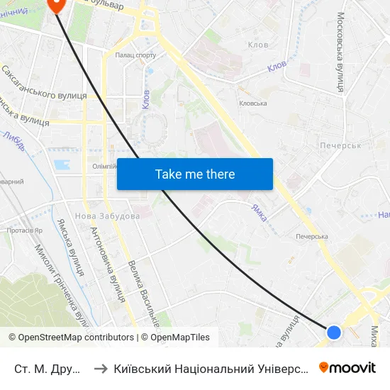 Ст. М. Дружби Народів to Київський Національний Університет Імені Тараса Шевченка map