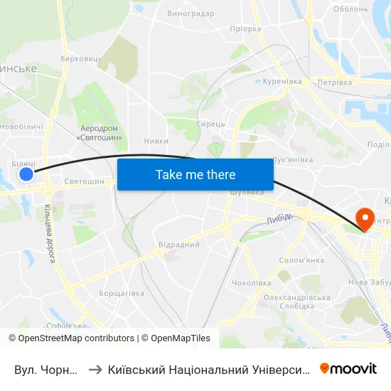 Вул. Чорнобильська to Київський Національний Університет Імені Тараса Шевченка map