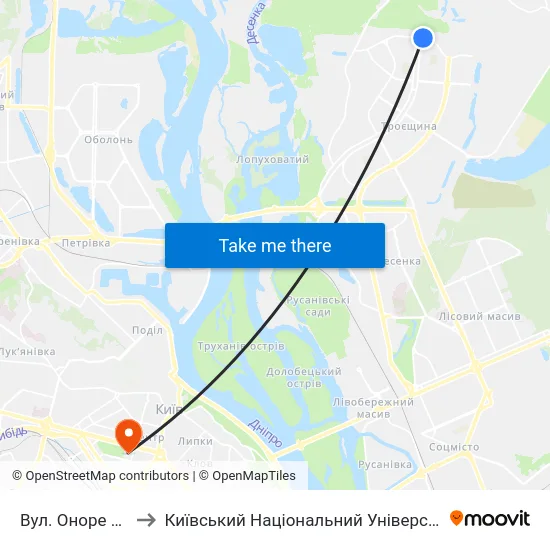 Вул. Оноре Де Бальзака to Київський Національний Університет Імені Тараса Шевченка map