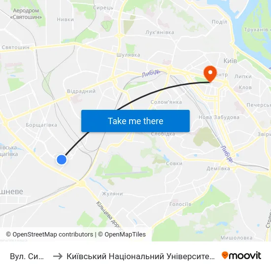 Вул. Симиренка to Київський Національний Університет Імені Тараса Шевченка map