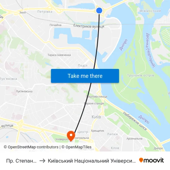 Пр. Степана Бандери to Київський Національний Університет Імені Тараса Шевченка map