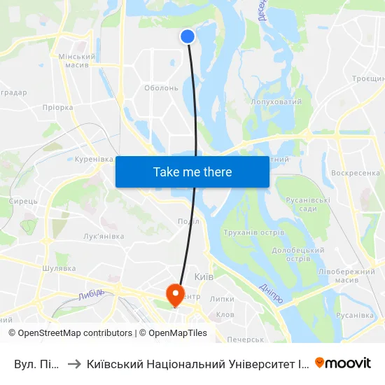 Вул. Північна to Київський Національний Університет Імені Тараса Шевченка map