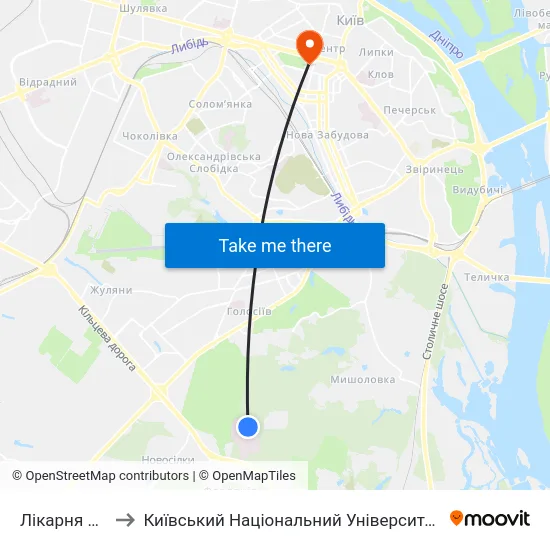 Лікарня Феофанія to Київський Національний Університет Імені Тараса Шевченка map