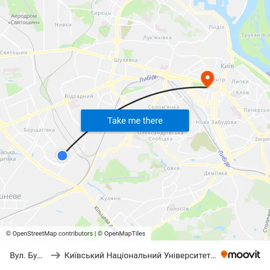 Вул. Булгакова to Київський Національний Університет Імені Тараса Шевченка map