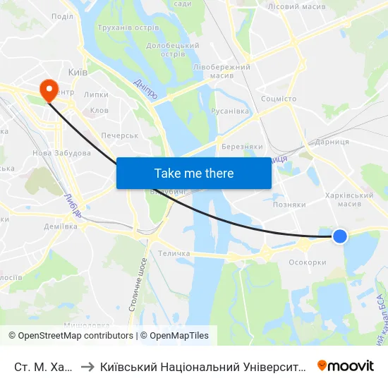 Ст. М. Харківська to Київський Національний Університет Імені Тараса Шевченка map
