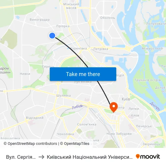 Вул. Сергія Данченка to Київський Національний Університет Імені Тараса Шевченка map