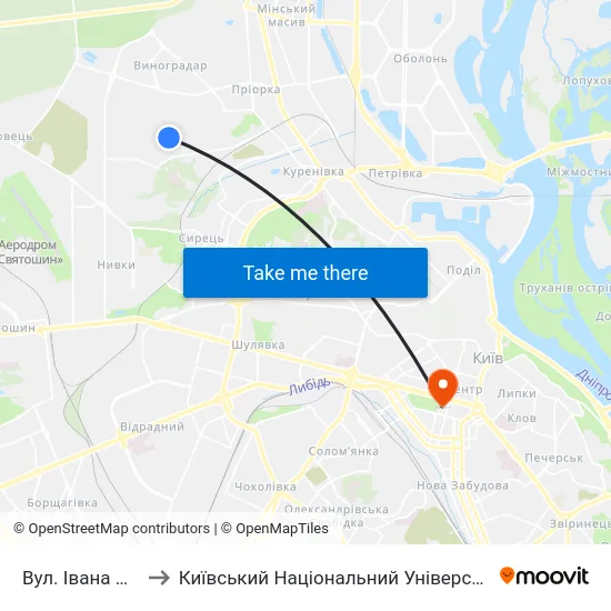 Вул. Івана Кавалерідзе to Київський Національний Університет Імені Тараса Шевченка map