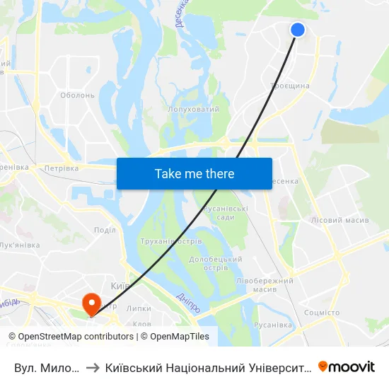 Вул. Милославська to Київський Національний Університет Імені Тараса Шевченка map