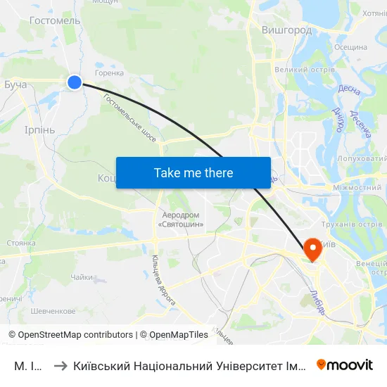 М. Ірпінь to Київський Національний Університет Імені Тараса Шевченка map
