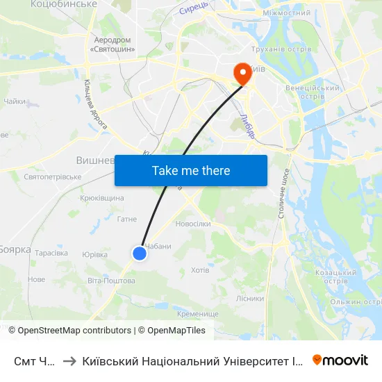 Смт Чабани to Київський Національний Університет Імені Тараса Шевченка map