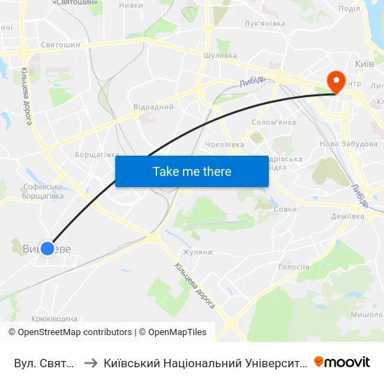 Вул. Святошинська to Київський Національний Університет Імені Тараса Шевченка map