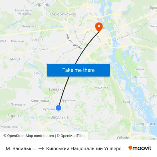 М. Васильків (Городок) to Київський Національний Університет Імені Тараса Шевченка map