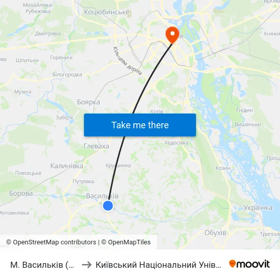 М. Васильків (Комісарова Гора) to Київський Національний Університет Імені Тараса Шевченка map