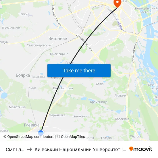 Смт Глеваха to Київський Національний Університет Імені Тараса Шевченка map